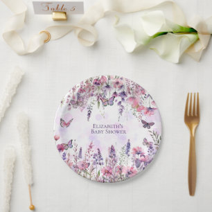 Assiettes En Carton Papillons et Fleurs sauvages blancs