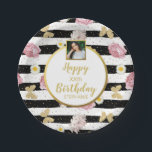 Assiettes En Carton Papillons Fleurs, Anniversaire, Texte Photo Person<br><div class="desc">Faites de votre événement spécial avec ces articles en papier super mignon avec 4 lignes de texte personnalisé et un ensemble photo contre un joli arrière - plan rayé accentué de fleurs et de papillons dorés. Parfait pour un anniversaire, un anniversaire, un diplôme, une fête de retraite, un mariage ou...</div>