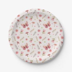 Assiettes En Carton Papillons & Fleurs Botanique Rose Pâle