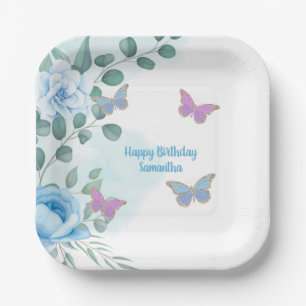 Assiettes En Carton Papillons Floral Bleu pourpre Or Anniversaire