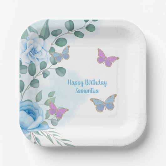 Assiettes En Carton Papillons Floral Bleu pourpre Or Anniversaire (Recto)