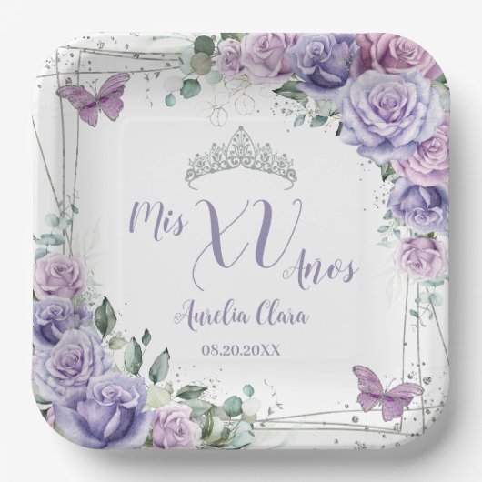 Assiettes En Carton Papillons floraux Lilac Chic violet Quinceañera (Recto)
