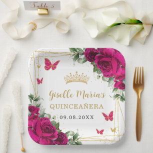 Assiettes En Carton Papillons floraux rose chaud Fuchsia Quinceañera