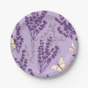 Assiettes En Carton Papillons ivoire et fleurs de lavande