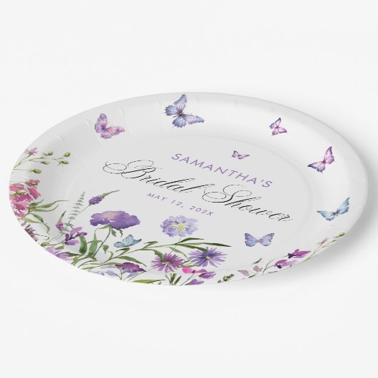 Assiettes En Carton Papillons modernes Floral Fête des mariées violet (Angle)
