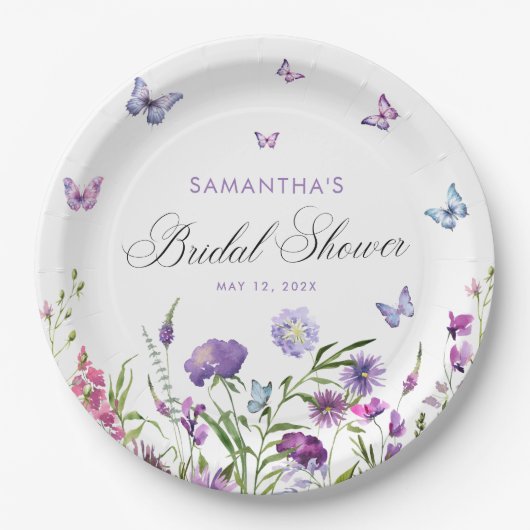 Assiettes En Carton Papillons modernes Floral Fête des mariées violet (Devant)