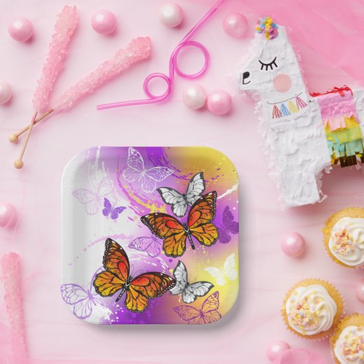 Assiettes En Carton Papillons Monarch sur Fond Violet (Fête)
