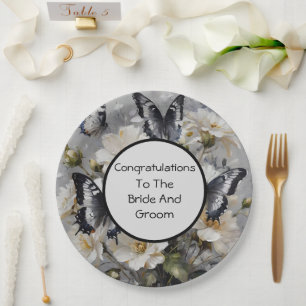 Assiettes En Carton Papillons Noir Et Blanc Sur Fleurs Blanches,