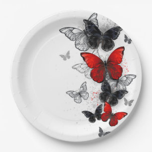Assiettes En Carton Papillons noirs et rouges volants