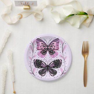 Assiettes En Carton Papillons noirs, roses, violets