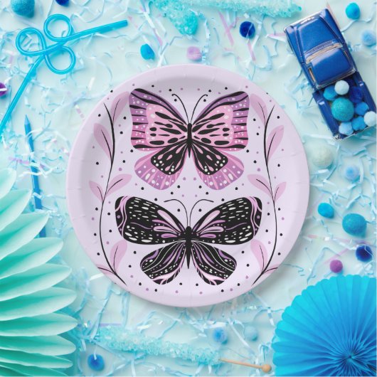 Assiettes En Carton Papillons noirs, roses, violets (Fête)