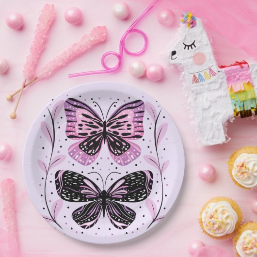 Assiettes En Carton Papillons noirs, roses, violets (Fête)
