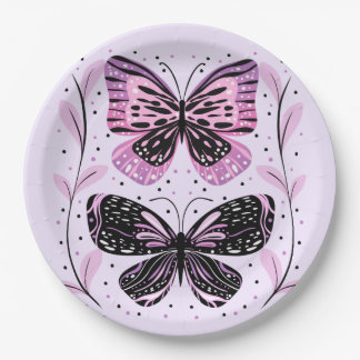 Assiettes En Carton Papillons noirs, roses, violets