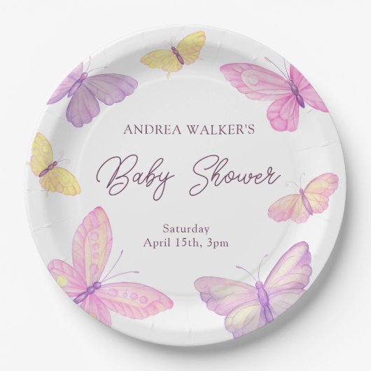 Assiettes En Carton Papillons Pastel Baby shower rose violet (Devant)