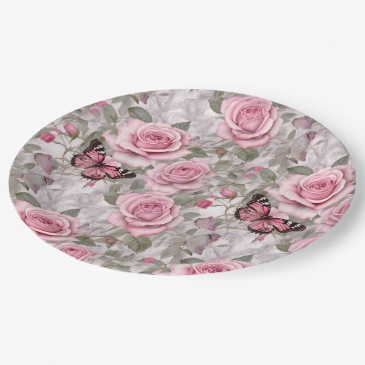 Assiettes En Carton Papillons rose pâle et fleurs Roses (Angle)