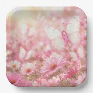 Assiettes En Carton Papillons Ruban Rose dans un Jardin