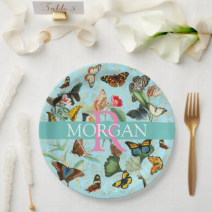 Assiettes En Carton Papillons vintages, Monogramme & Nom, Turquoise & 