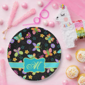 Assiettes En Carton Papillons Whimsy moderne Monogramme Turquoise noir (Fête)