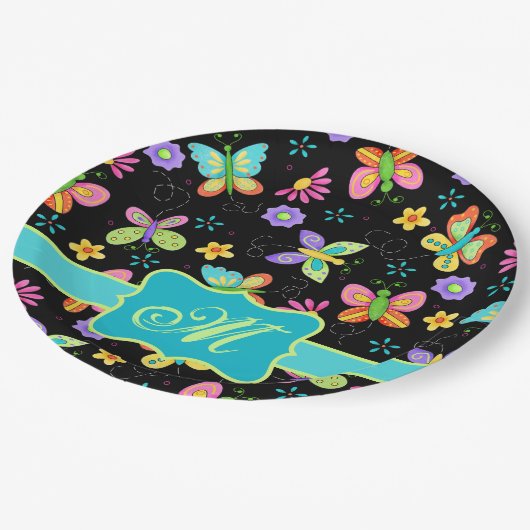 Assiettes En Carton Papillons Whimsy moderne Monogramme Turquoise noir (Angle)