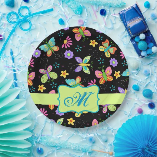 Assiettes En Carton Papillons Whimsy modernes Monogramme vert noir (Fête)