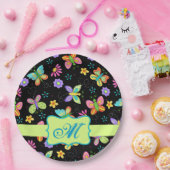 Assiettes En Carton Papillons Whimsy modernes Monogramme vert noir (Fête)