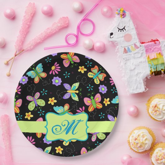 Assiettes En Carton Papillons Whimsy modernes Monogramme vert noir (Fête)