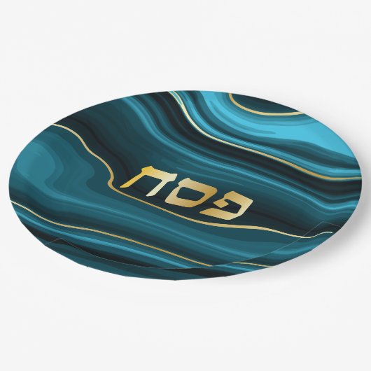 Assiettes En Carton Pâque Hébreu Turquoise, Turquoise & Or Faux Agate (Angle)