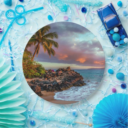 Assiettes En Carton Paradis hawaïen tropical de plage sablonneuse de (Fête)