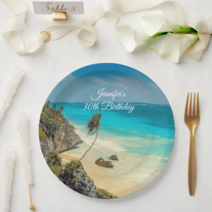 Assiettes En Carton Paradis tropical de plage avec palmiers Anniversai
