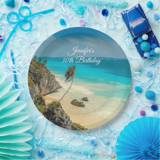 Assiettes En Carton Paradis tropical de plage avec palmiers Anniversai (Fête)