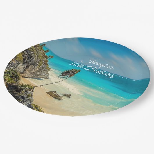 Assiettes En Carton Paradis tropical de plage avec palmiers Anniversai (Angle)