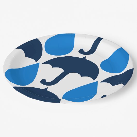 Assiettes En Carton Parapluie bleu et Motif Raindrop Design (Angle)