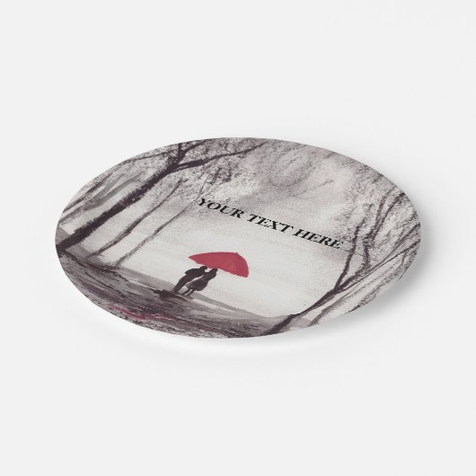 Assiettes En Carton Parapluie rouge couple d'amour 24 heures sur 24 (Angle)