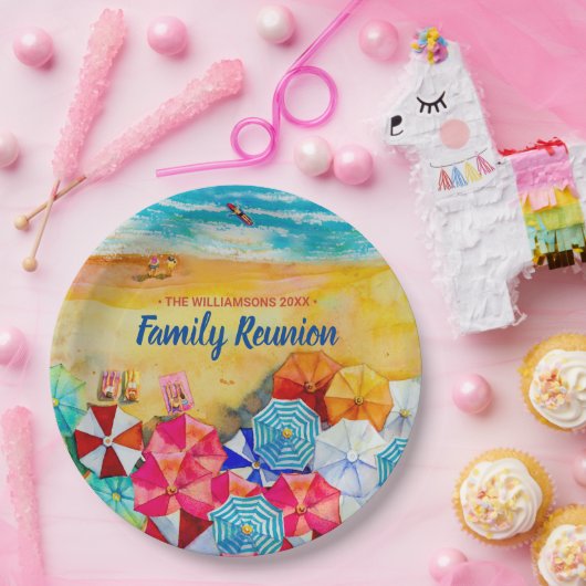 Assiettes En Carton Parasols de plage Reunion Familiale sur le sable (Fête)