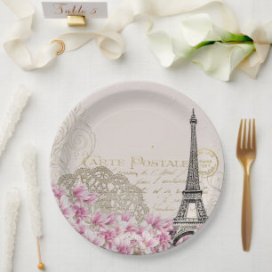 Assiettes En Carton Paris France Tour Eiffel avec Fleurs Roses