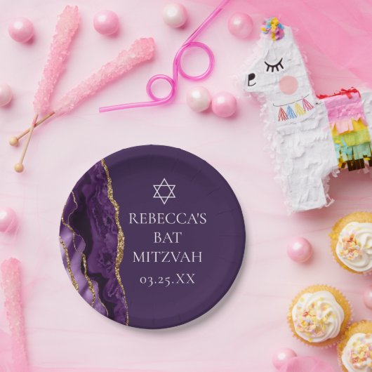 Assiettes En Carton Parti Bat mitzvah d'âge or violet chic (Fête)