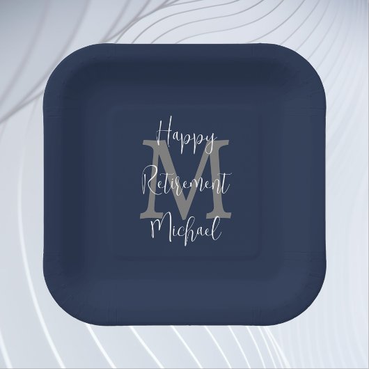 Assiettes En Carton Parti de retraite Bleu Blanc Gris Nom Monogramme