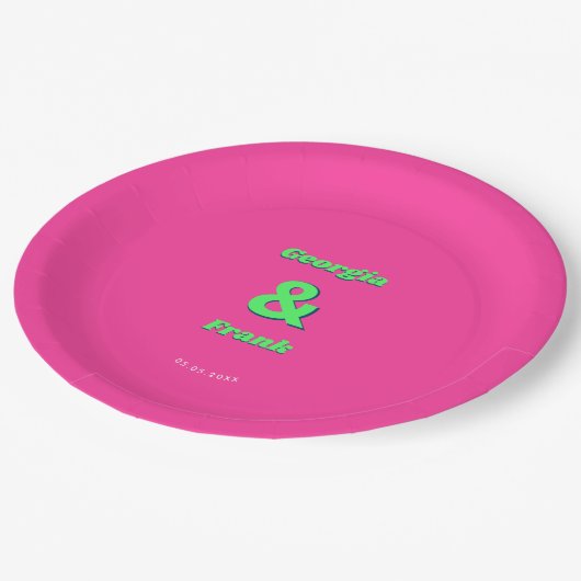 Assiettes En Carton Parti d'engagement Mariage rose et vert rétro (Angle)