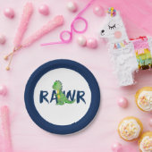 Assiettes En Carton Parti Dinosaure Vert "RAWR" bleu de la marine (Fête)