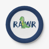 Assiettes En Carton Parti Dinosaure Vert "RAWR" bleu de la marine (Devant)