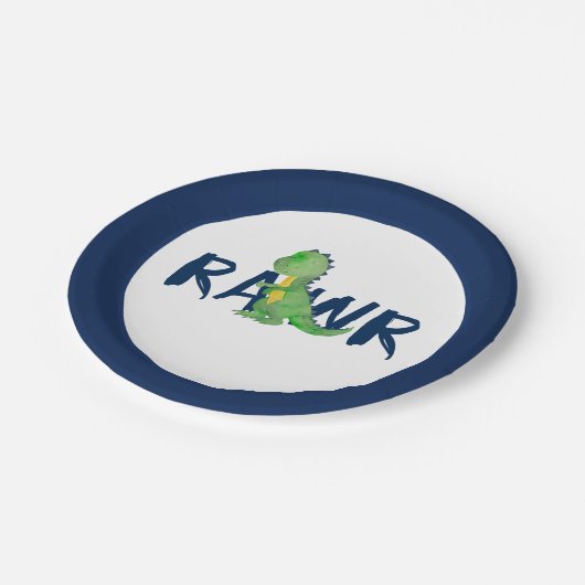Assiettes En Carton Parti Dinosaure Vert "RAWR" bleu de la marine (Angle)