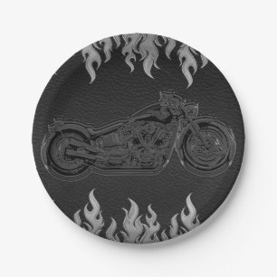 Assiettes En Carton Partie argentée en cuir noire de motard de moto de
