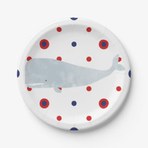 Assiettes En Carton Partie bleue rouge de points de baleine grise