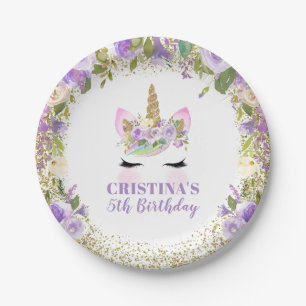 Assiettes En Carton Partie pourpre magique de licorne d'or 7" plaques