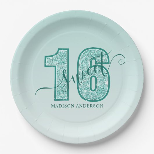 Assiettes En Carton Parties scintillant Aqua turquoise Script Sweet 16 (Devant)