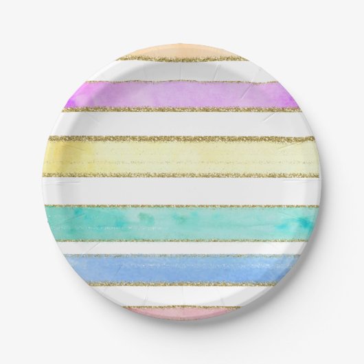 Assiettes En Carton Parties scintillant arc-en-ciel aquarelle rayures (Devant)