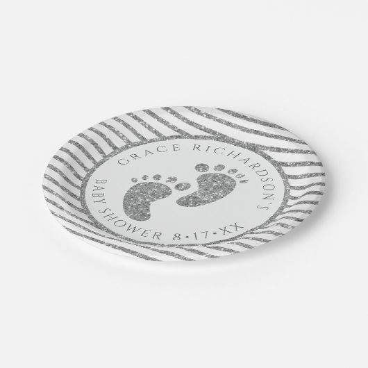 Assiettes En Carton Parties scintillant argent Baby shower pieds bébé (Angle)