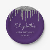 Assiettes En Carton Parties scintillant argent goutte pourpre 40e fête (Devant)
