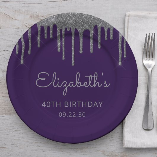 Assiettes En Carton Parties scintillant argent goutte pourpre 40e fête