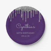 Assiettes En Carton Parties scintillant argent goutte pourpre 60e fête (Devant)
